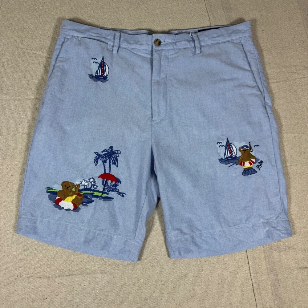 Polo Ralph Lauren Shorts Mens 34 Blue Excellent Polo Bear Embroidered Nautical